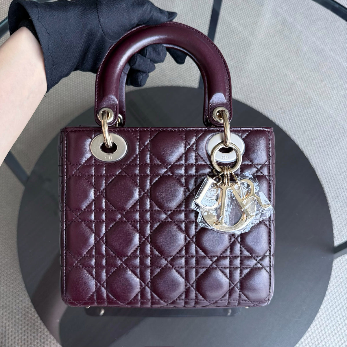 Dior Lady Small Flap - Cannage Lambskin Burgundy Red Gold Hardware