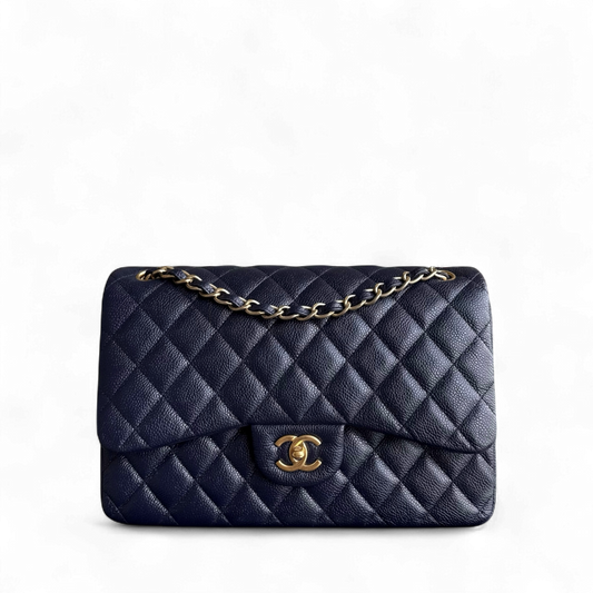 Chanel Classic Flap Jumbo - Caviar Double Flap 30CM Quilted Dark Blue Gold Hardware Series 21