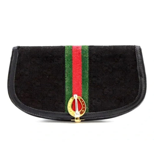 Rare, early Gucci, black Gucissima print canvas and black leather, semi-circular shape, wallet with an inlaid red and green Sherry stripe
