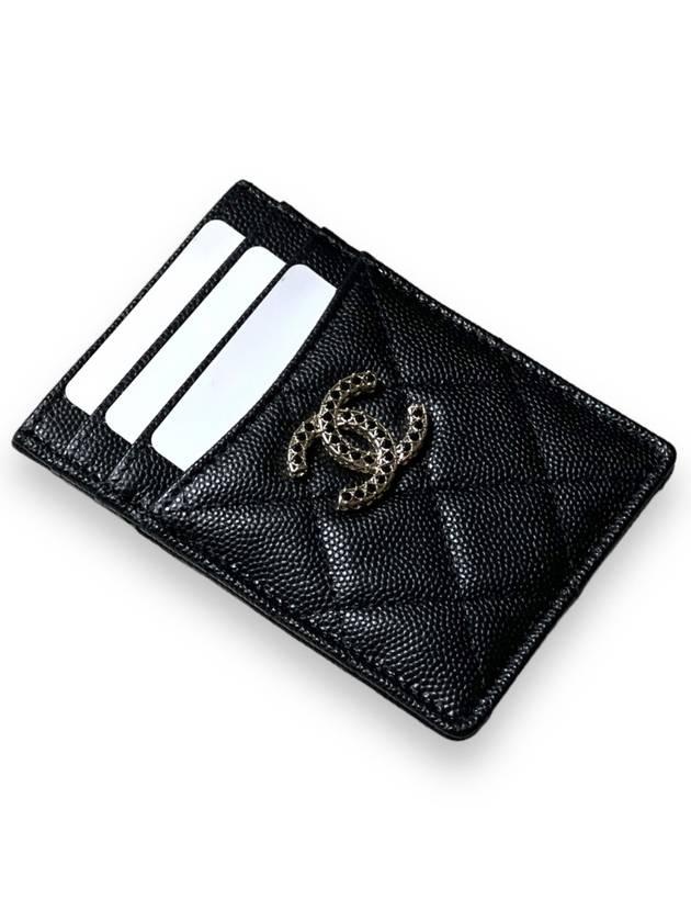Strass CC Logo Caviar Leather Card Wallet Black Chanel