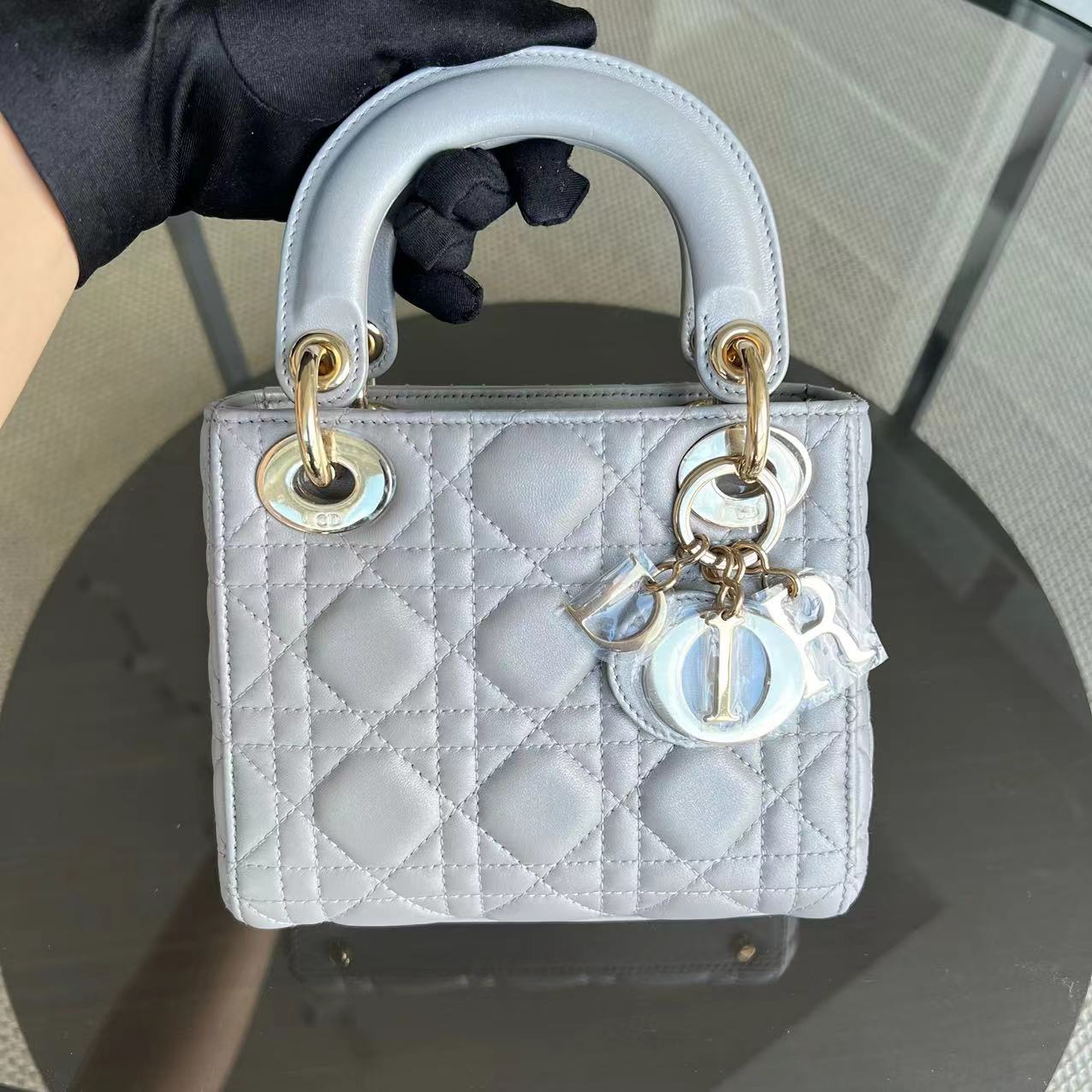 *Chain Strap* Lady Mini Cannage Lambskin Light Grey Gray Golden Hardware