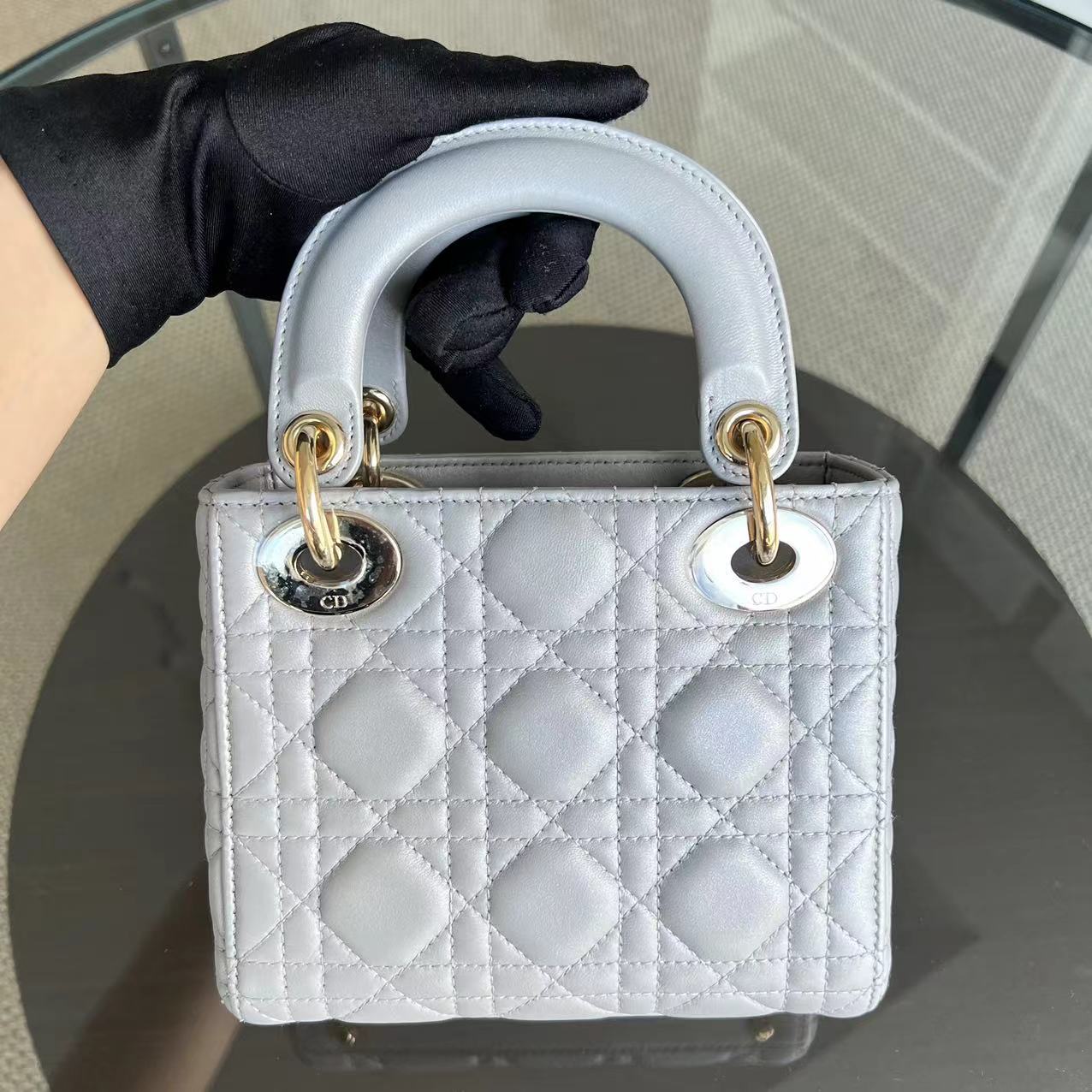 *Chain Strap* Lady Mini Cannage Lambskin Light Grey Gray Golden Hardware