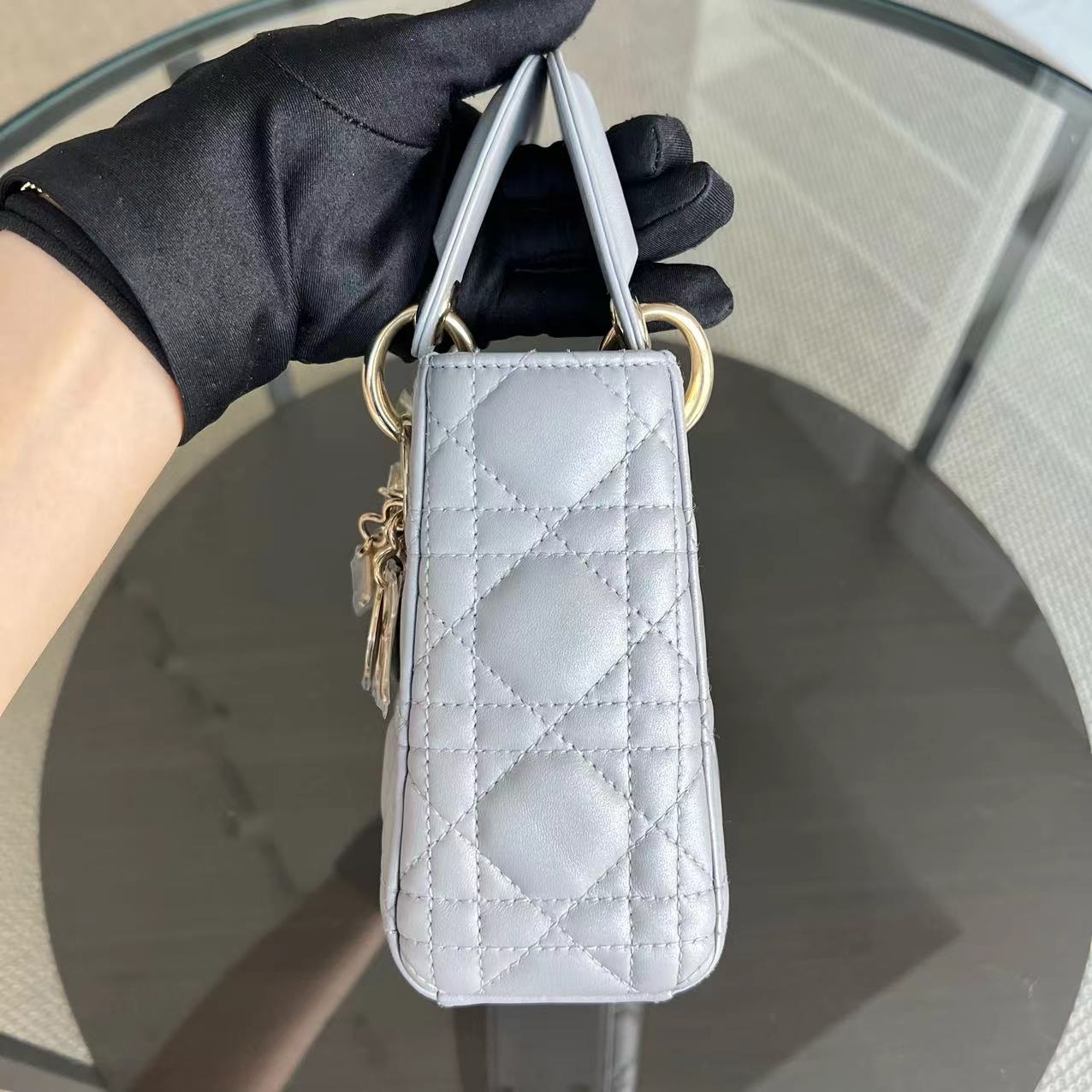 *Chain Strap* Lady Mini Cannage Lambskin Light Grey Gray Golden Hardware