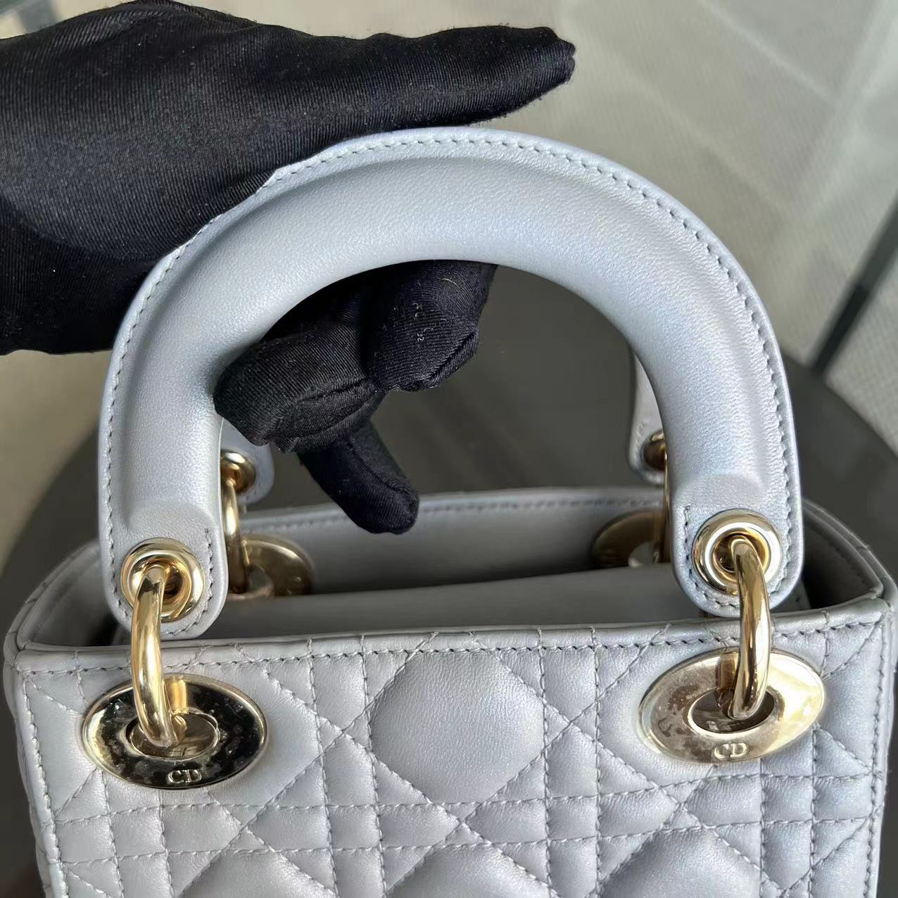 *Chain Strap* Lady Mini Cannage Lambskin Light Grey Gray Golden Hardware