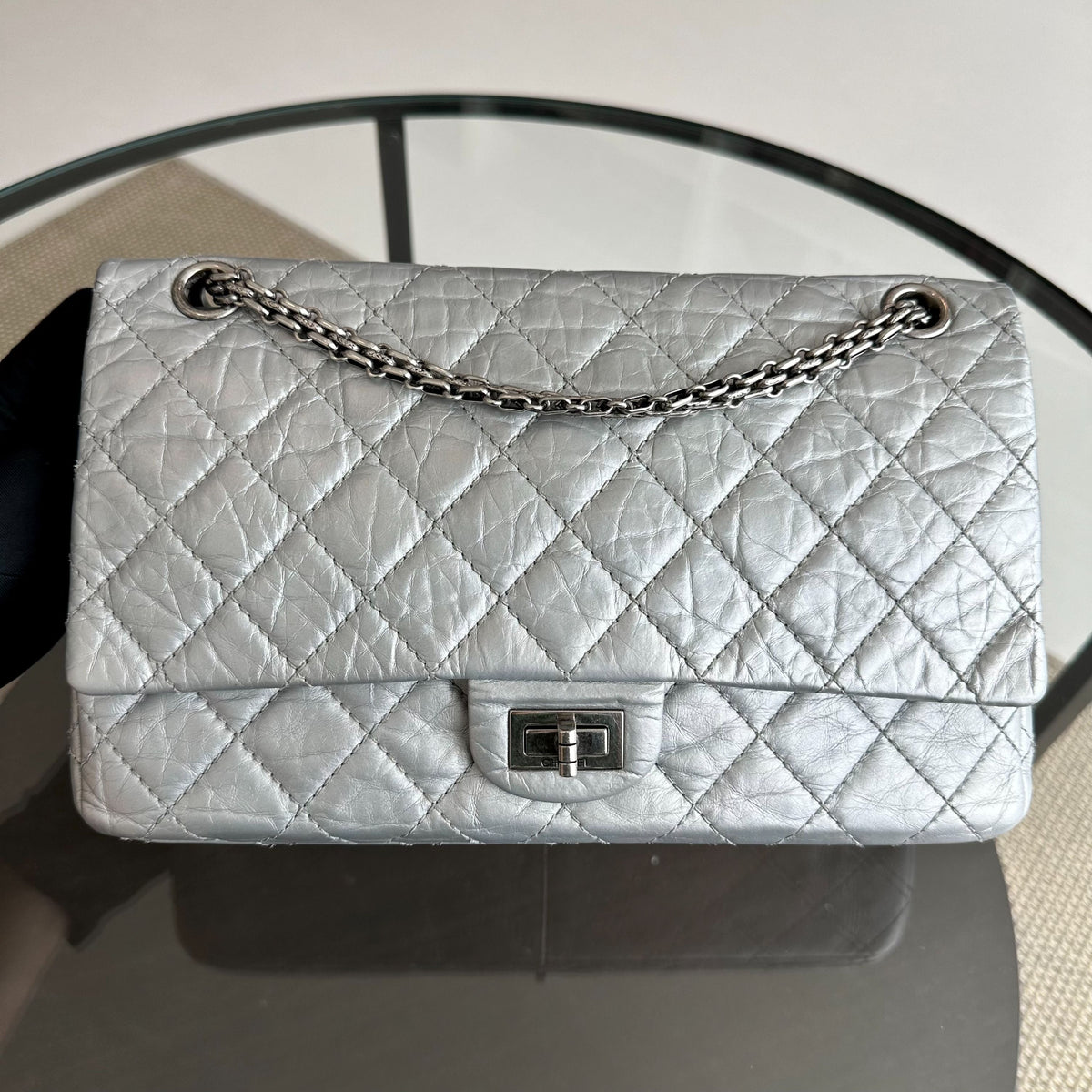 2.55 266 Medium 28CM Reissue Double Flap Quilted Aged Calfskin Silver RSHW No 15