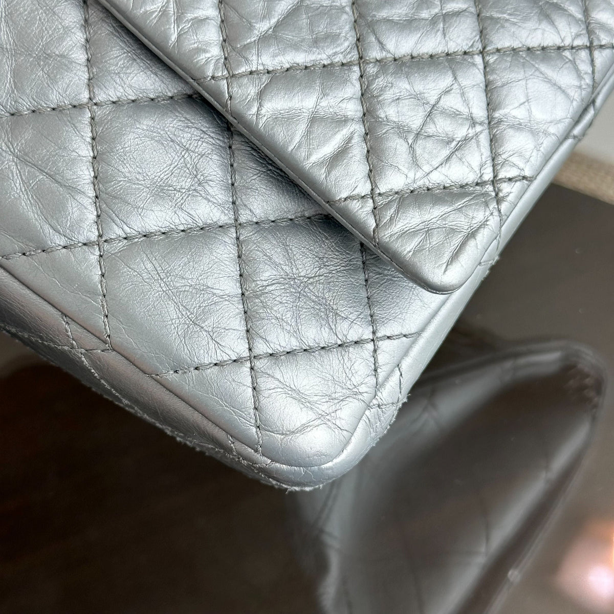 2.55 266 Medium 28CM Reissue Double Flap Quilted Aged Calfskin Silver RSHW No 15