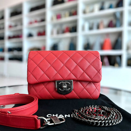2016 Seasonal Flap Two Way Quilted Grained Calfskin Red No 21