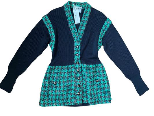 Chanel 1992 Tweed Long Cardigan Green Black DXBK0282