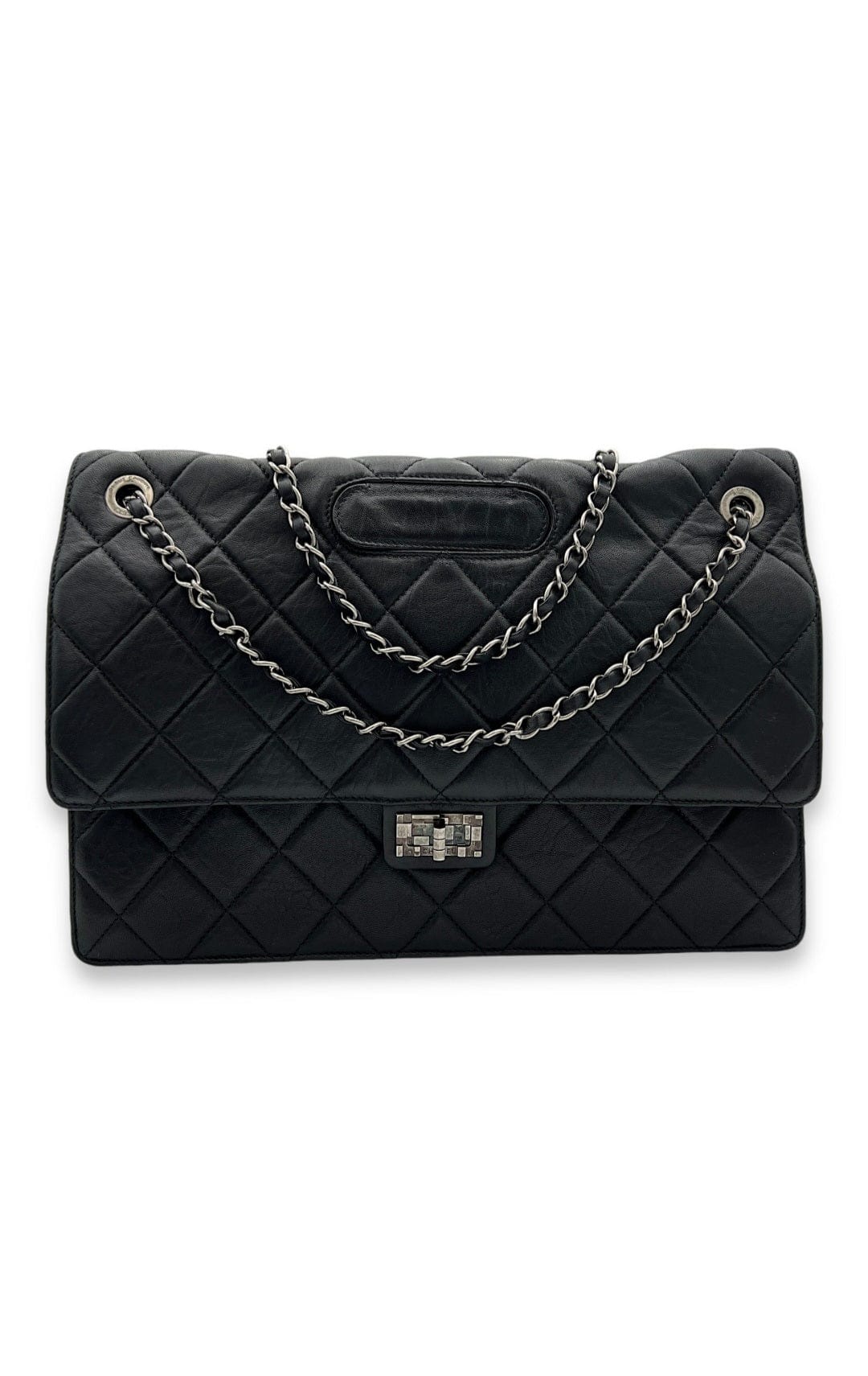 Chanel 2.55 Document Large Black Shoulder Bag in Lambskin, Brushed Silver hardware C2409-001145HM