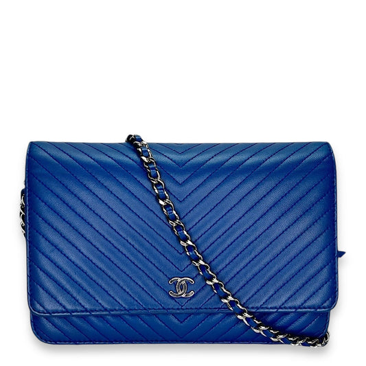 Chanel Classic Chevron  Blue Wallet on Chain in Lambskin, Silver hardware S2408-000403CH