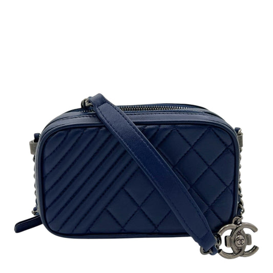 Chanel Coco Boy Camera Shoulder Bag Blue in Calfskin, Ruthenium hardware S2411-002660AN