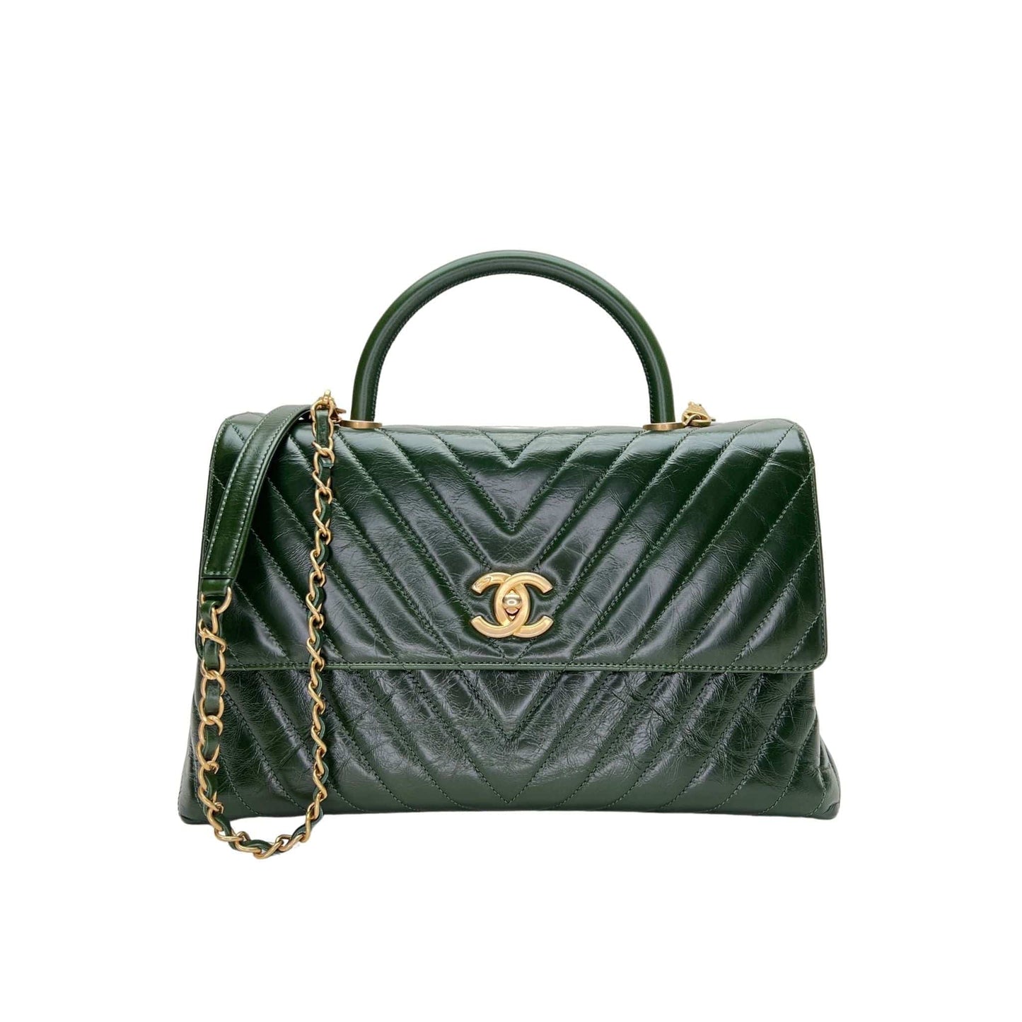 Chanel Coco Handle Green Coco chevron Top handle bag in Calfskin, Gold Hardware S2404528AN