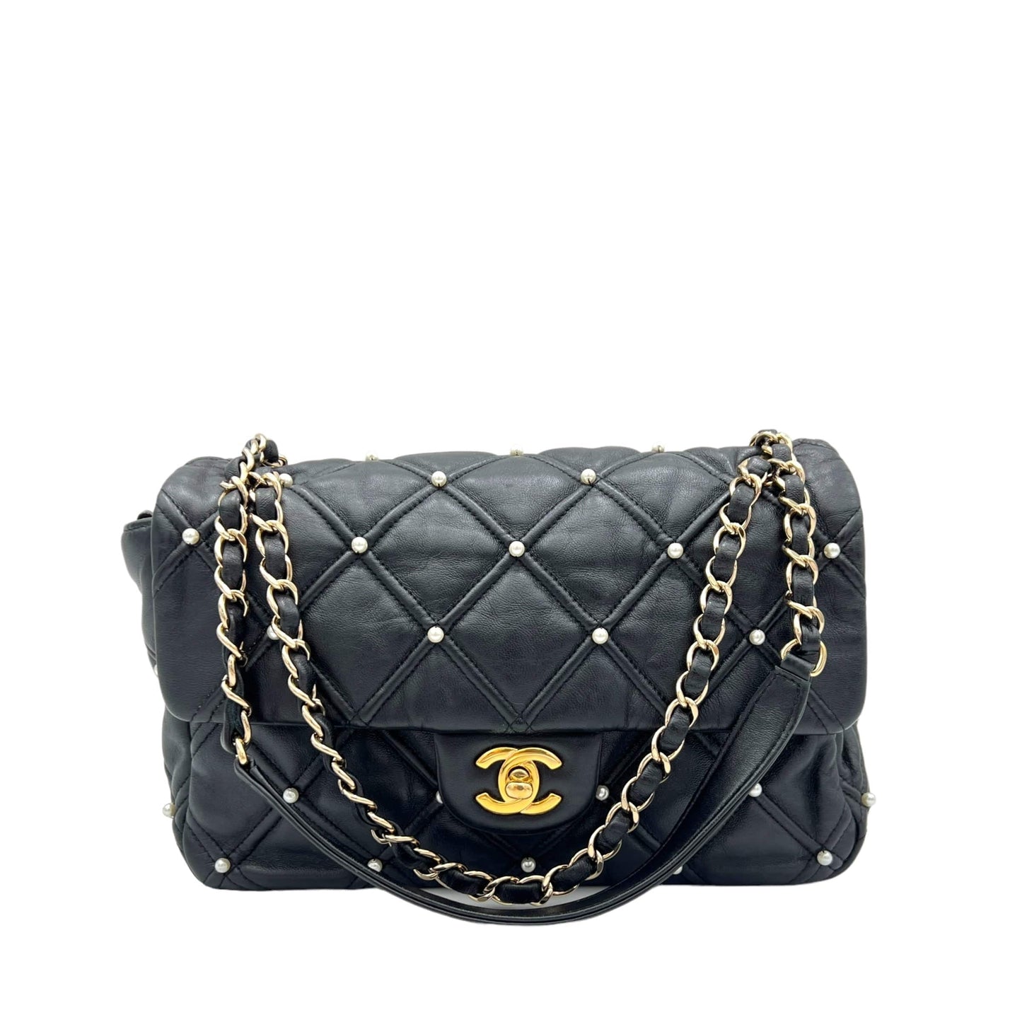 Chanel Pearl studded flap Crossbody Bag Medium Black in Calfskin , Gold Hardware C2408-000461VZ
