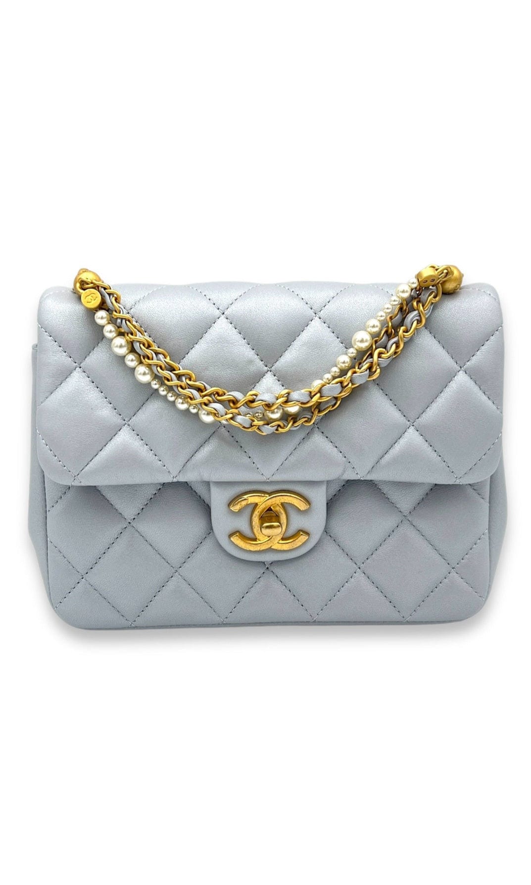 Chanel Quilted Pearl Twist Square Mini Grey Crossbody Bag in Lambskin, Gold hardware C2411-002573AN
