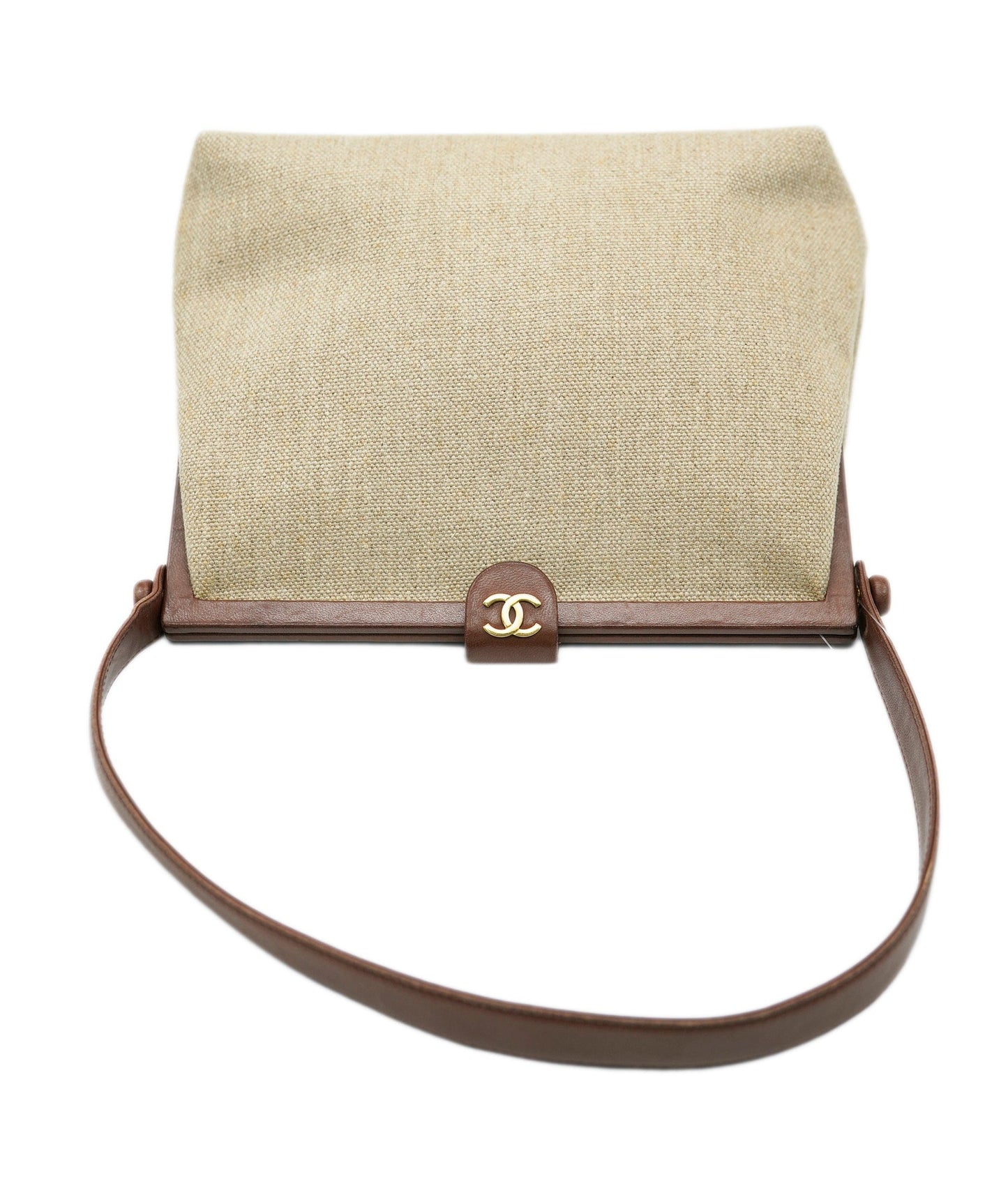 Chanel Vintage Beige Linen CC Frame Shoulder Bag DBXS3244