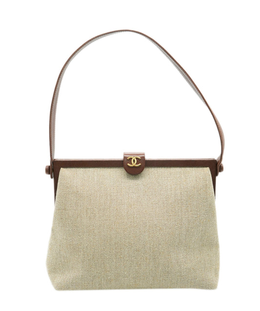 Chanel Vintage Beige Linen CC Frame Shoulder Bag DBXS3244