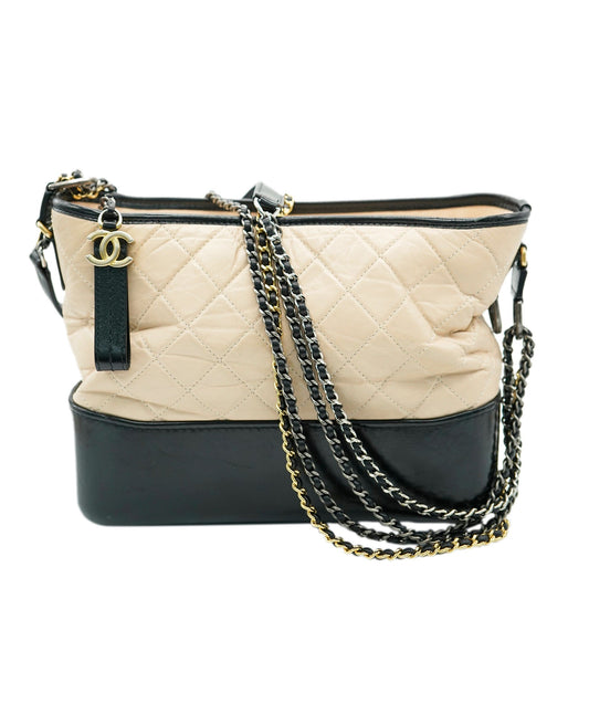 Chanel Beige & Black Lambskin Medium Gabrielle Crossbody Bag ABC1032