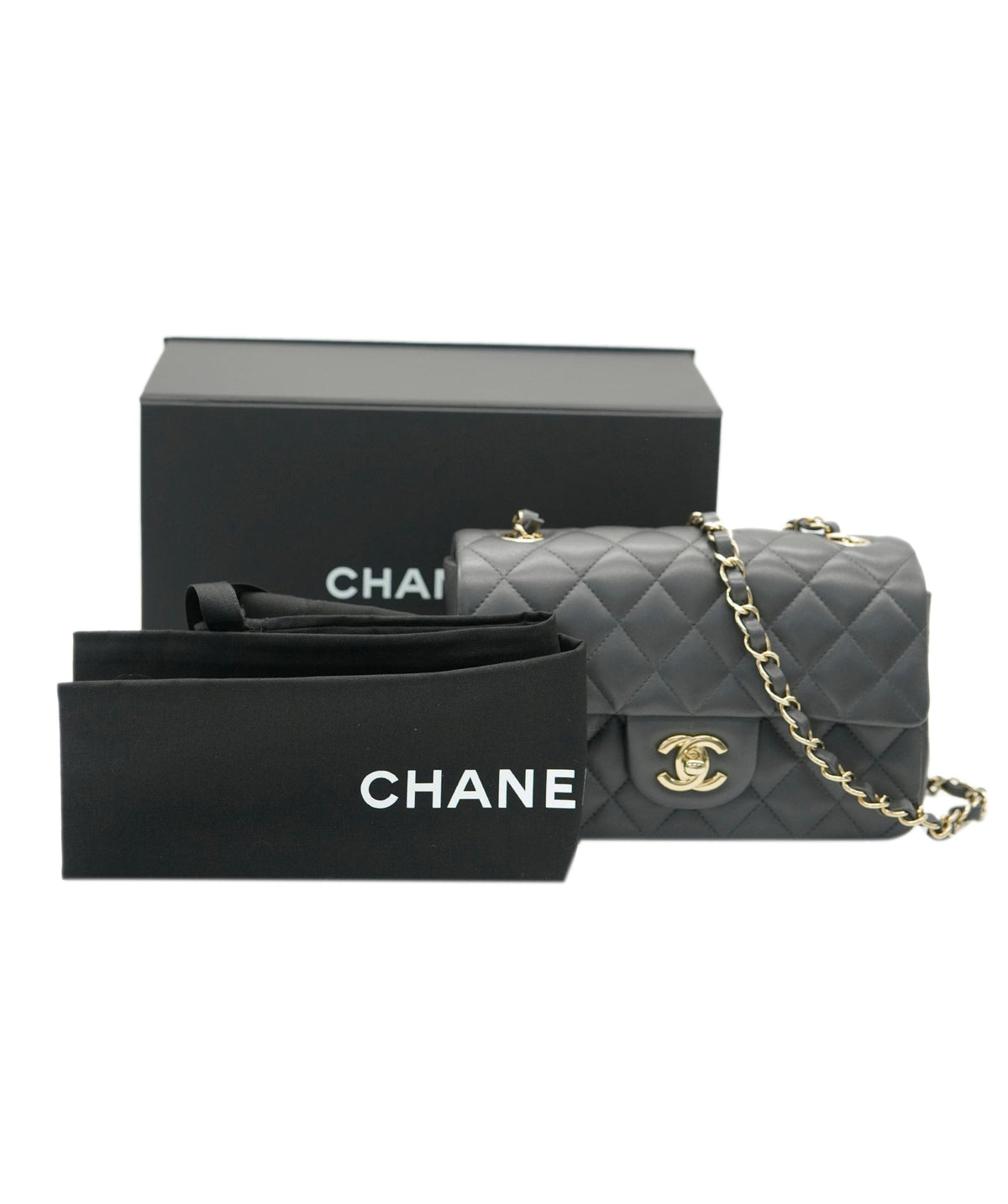 Chanel mini rectangle in dark grey champagne gold hardware AGL2555