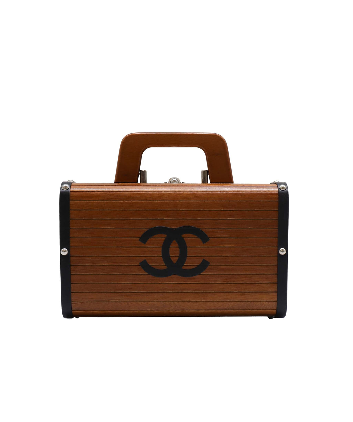 CHANEL VINTAGE WOOD VANITY HAND BAG WOOD LEATHER BROWN 90233410 DXBS2286