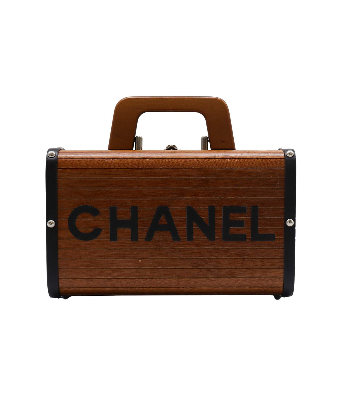 CHANEL VINTAGE WOOD VANITY HAND BAG WOOD LEATHER BROWN 90233410 DXBS2286
