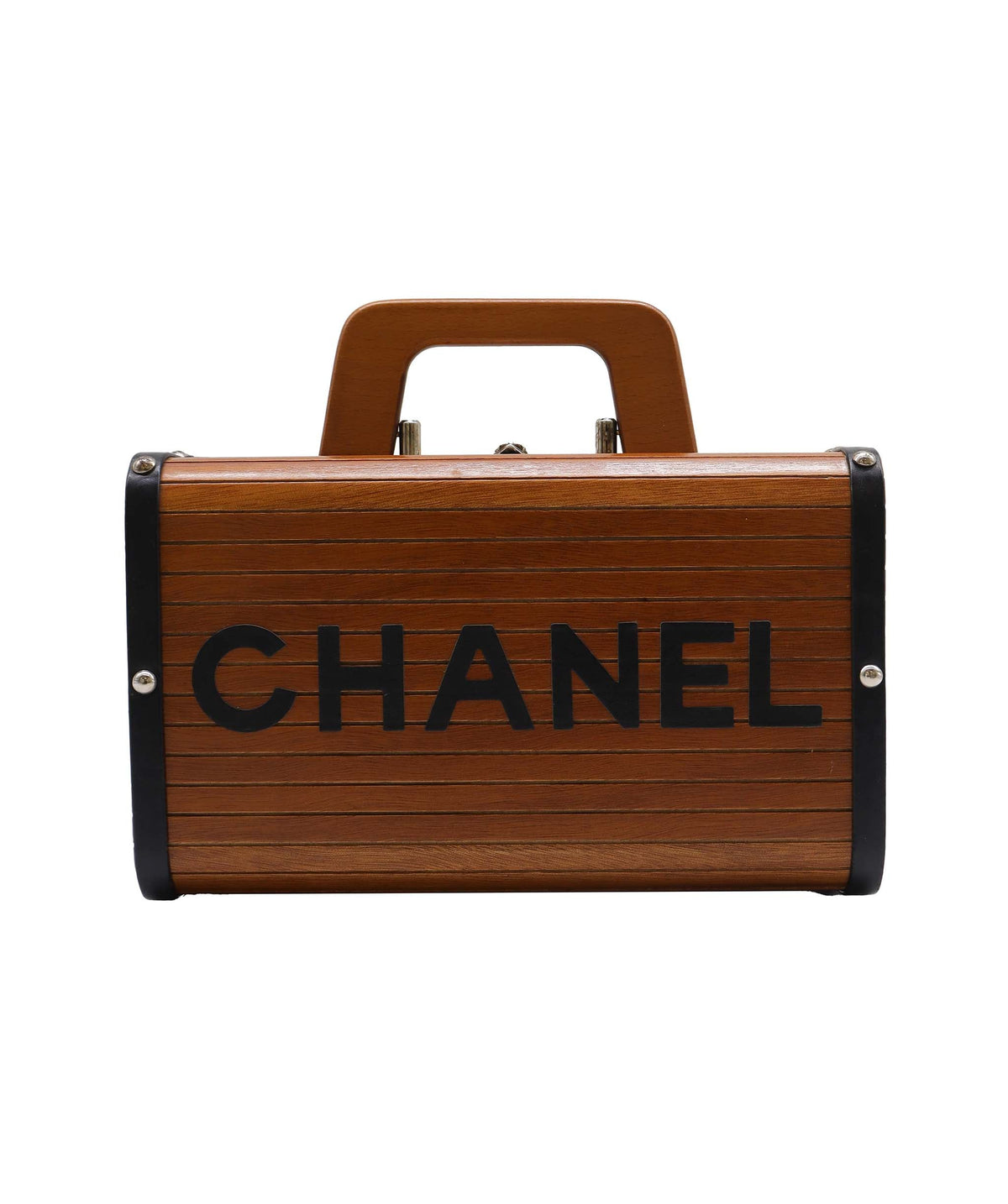 CHANEL VINTAGE WOOD VANITY HAND BAG WOOD LEATHER BROWN 90241772 DXBS2292