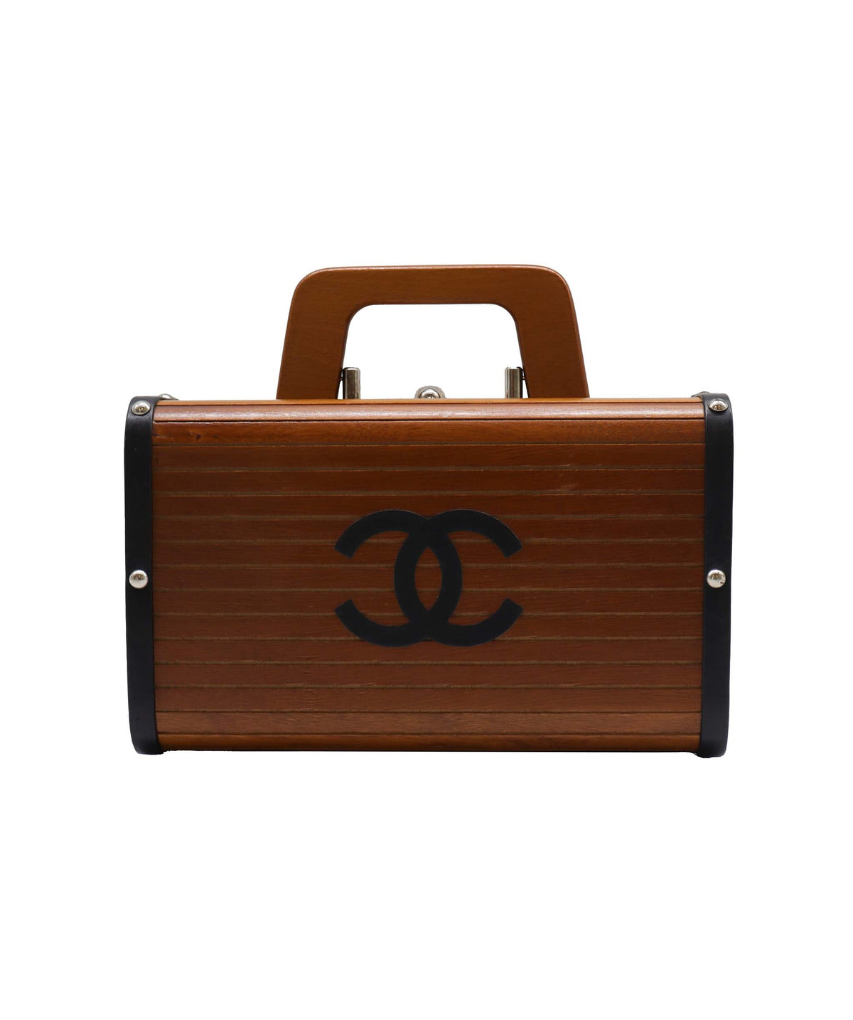 CHANEL VINTAGE WOOD VANITY HAND BAG WOOD LEATHER BROWN 90241772 DXBS2292