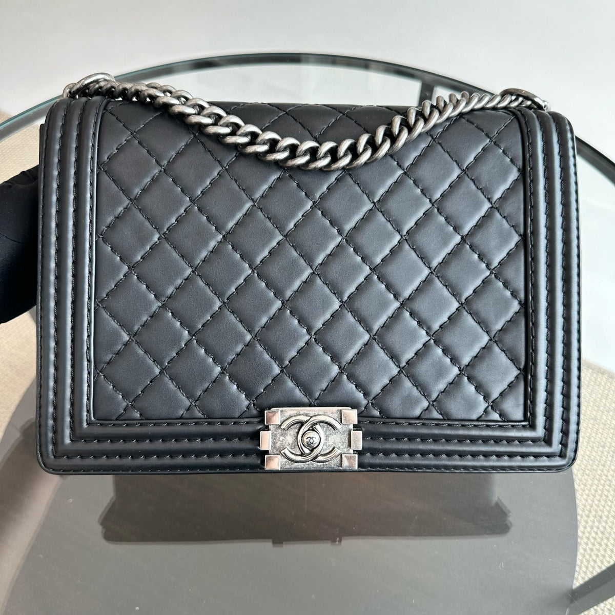 Boy Large Lambskin 30cm Quilted Leboy Black RSHW No 18
