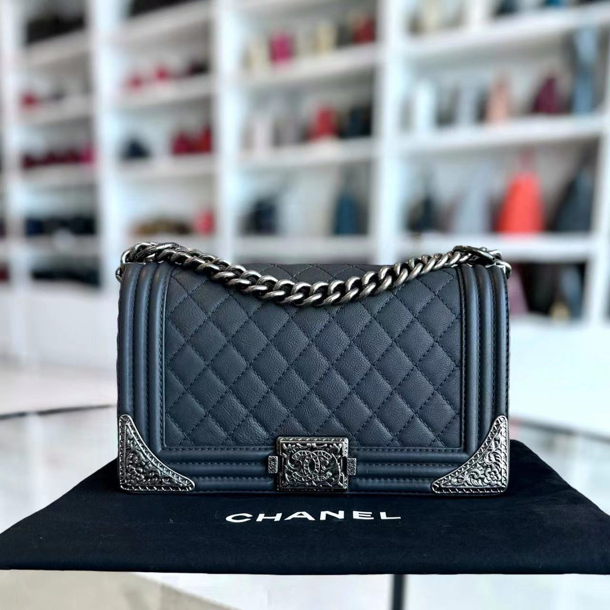 Boy Limited Edition Old Medium 25CM Quilted Grained Calfskin With Metal Edegs Grey Gray Leboy RSHW No 19