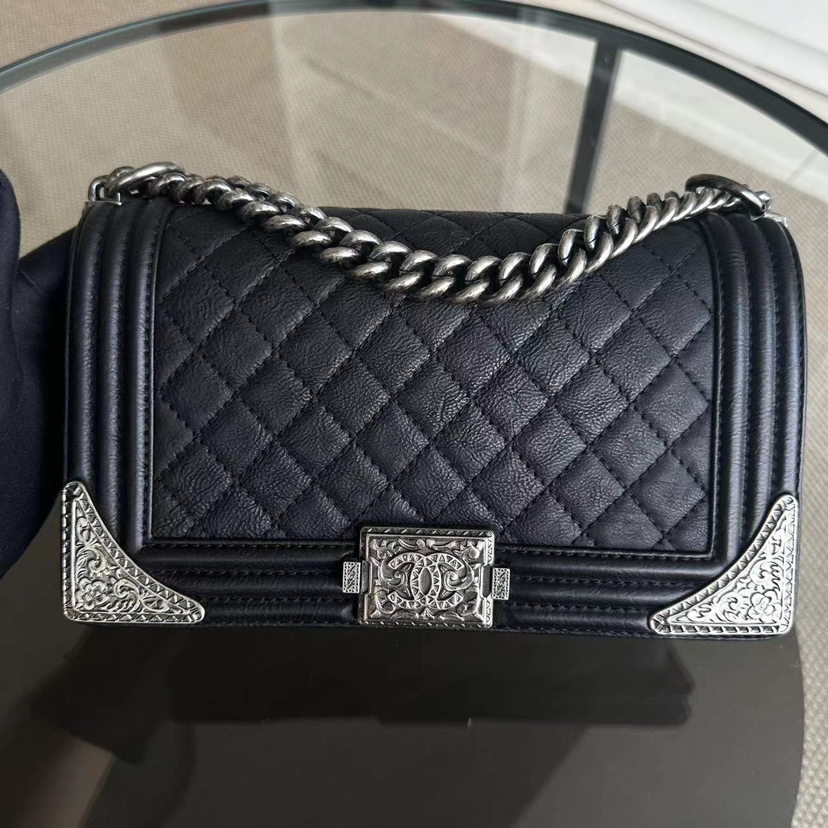 Boy Limited Edition Old Medium Quilted Grained Calfskin With Metal Edegs Black Leboy RSHW No 19