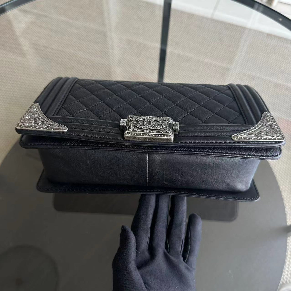Boy Limited Edition Old Medium Quilted Grained Calfskin With Metal Edegs Black Leboy RSHW No 19