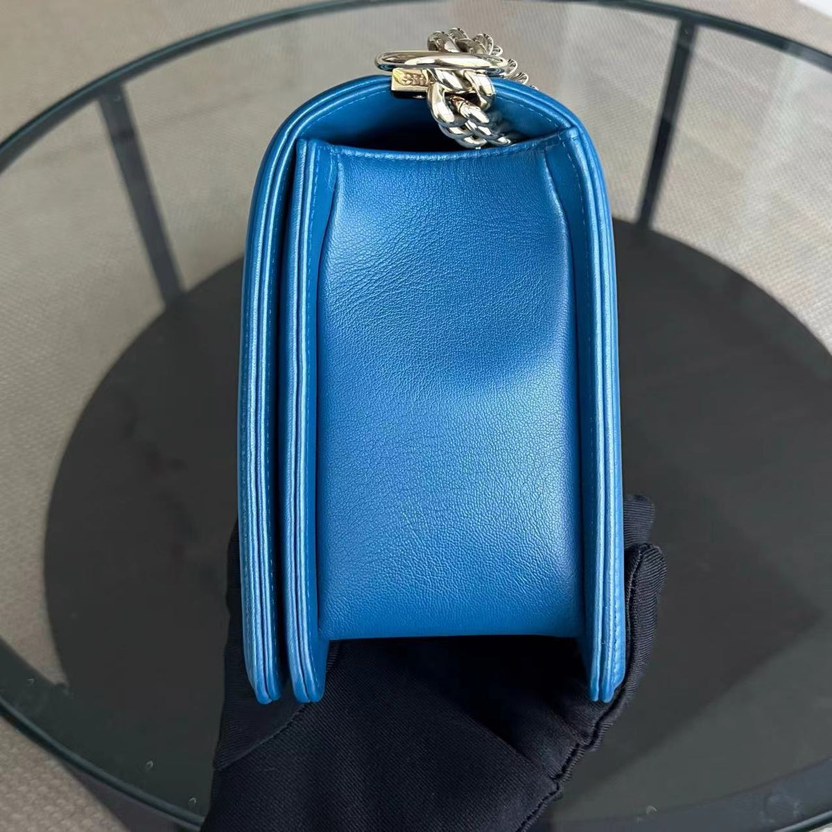 Boy New Medium 28CM Chevron Smooth Calfskin Blue Golden Hardware Series 24