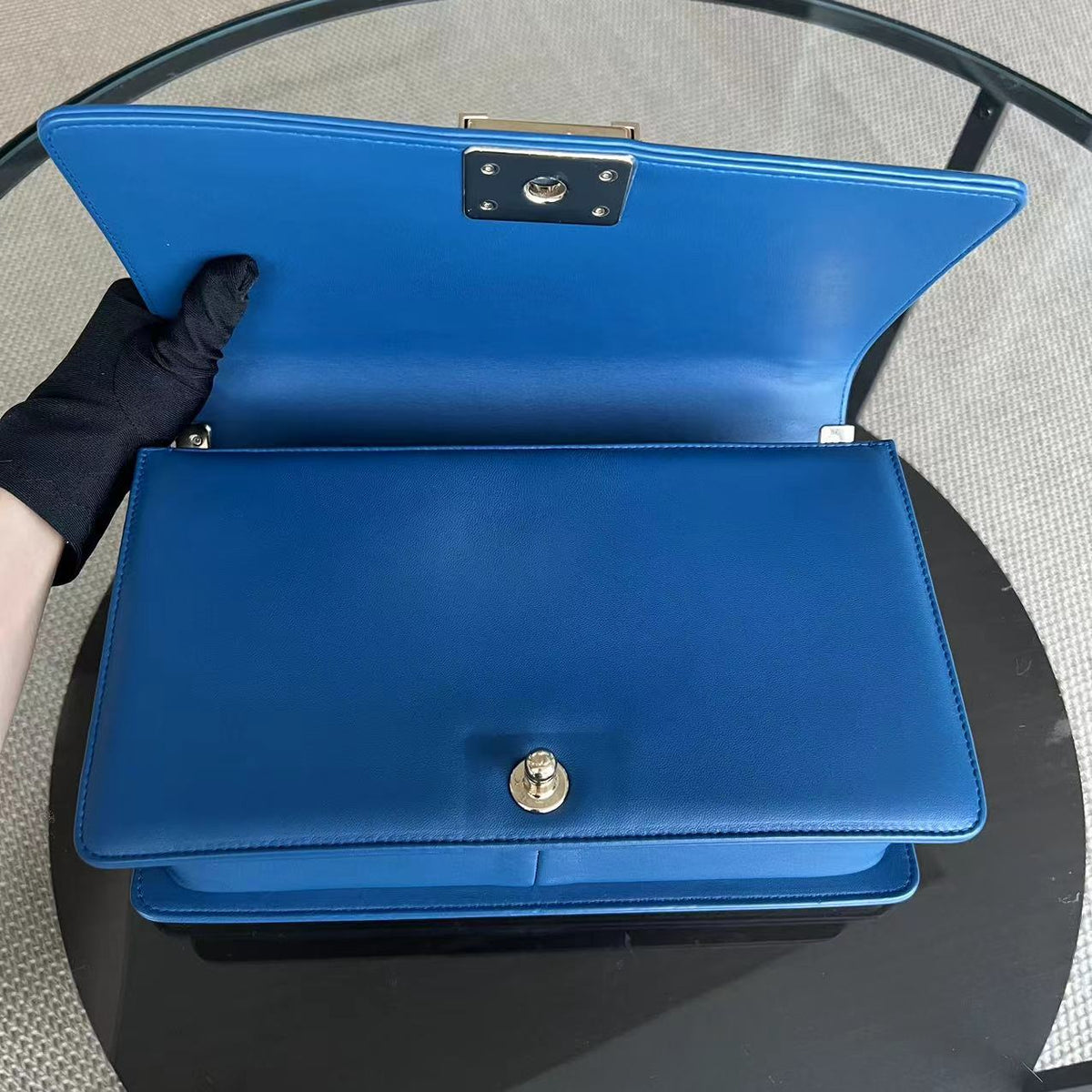 Boy New Medium 28CM Chevron Smooth Calfskin Blue Golden Hardware Series 24