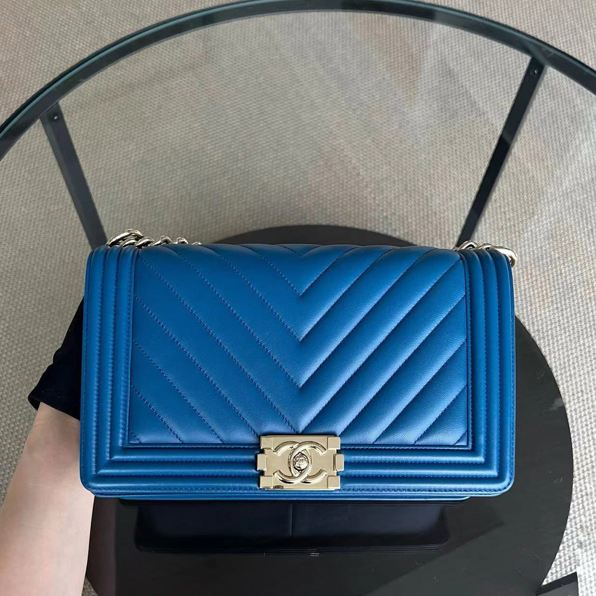 Boy New Medium 28CM Chevron Smooth Calfskin Blue Golden Hardware Series 24