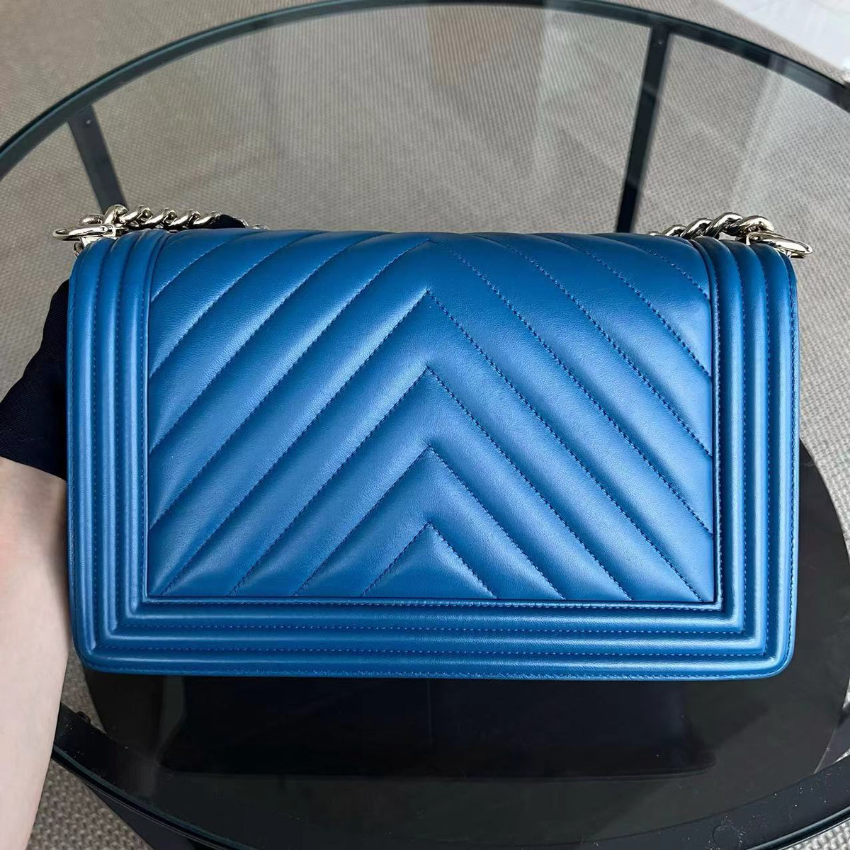Boy New Medium 28CM Chevron Smooth Calfskin Blue Golden Hardware Series 24