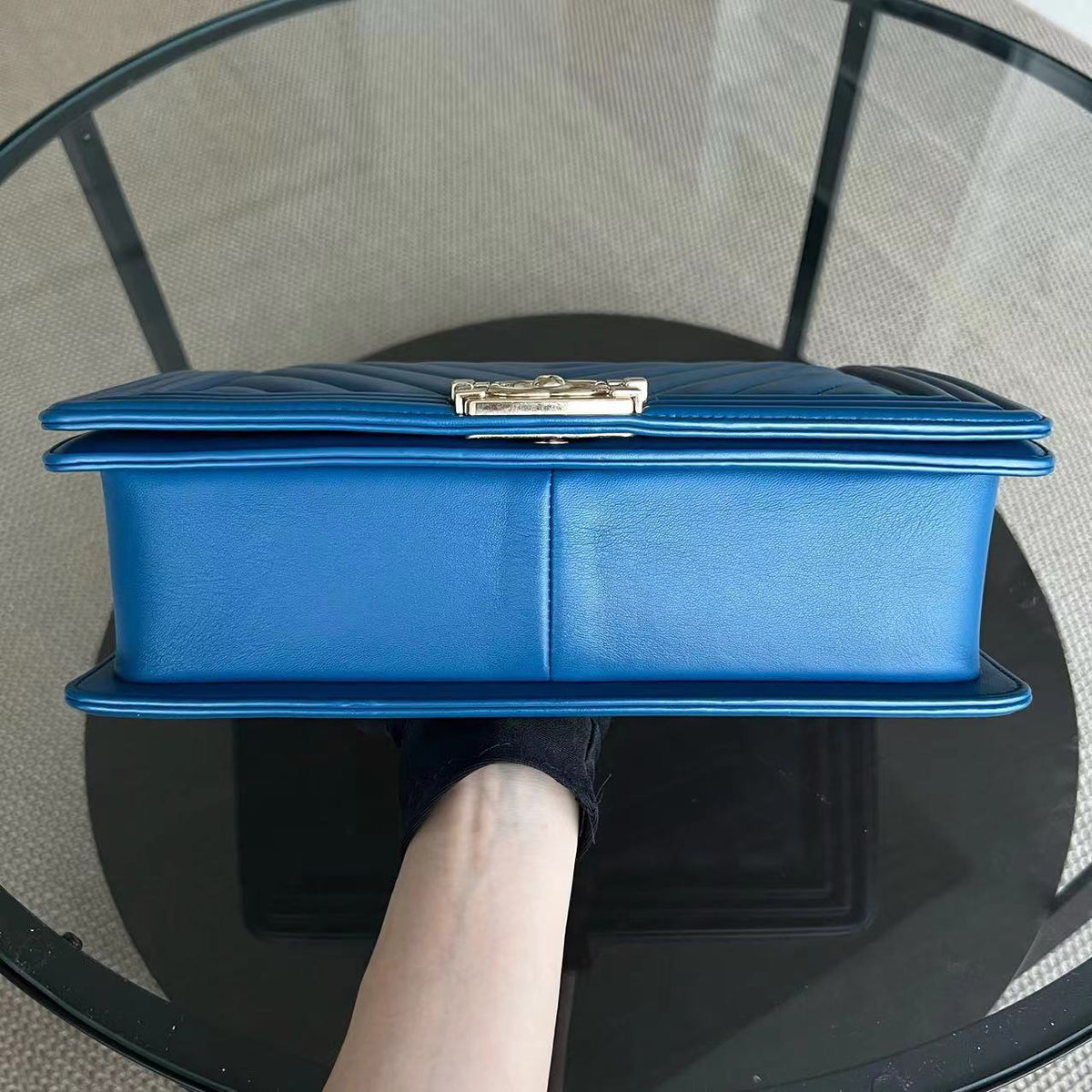 Boy New Medium 28CM Chevron Smooth Calfskin Blue Golden Hardware Series 24