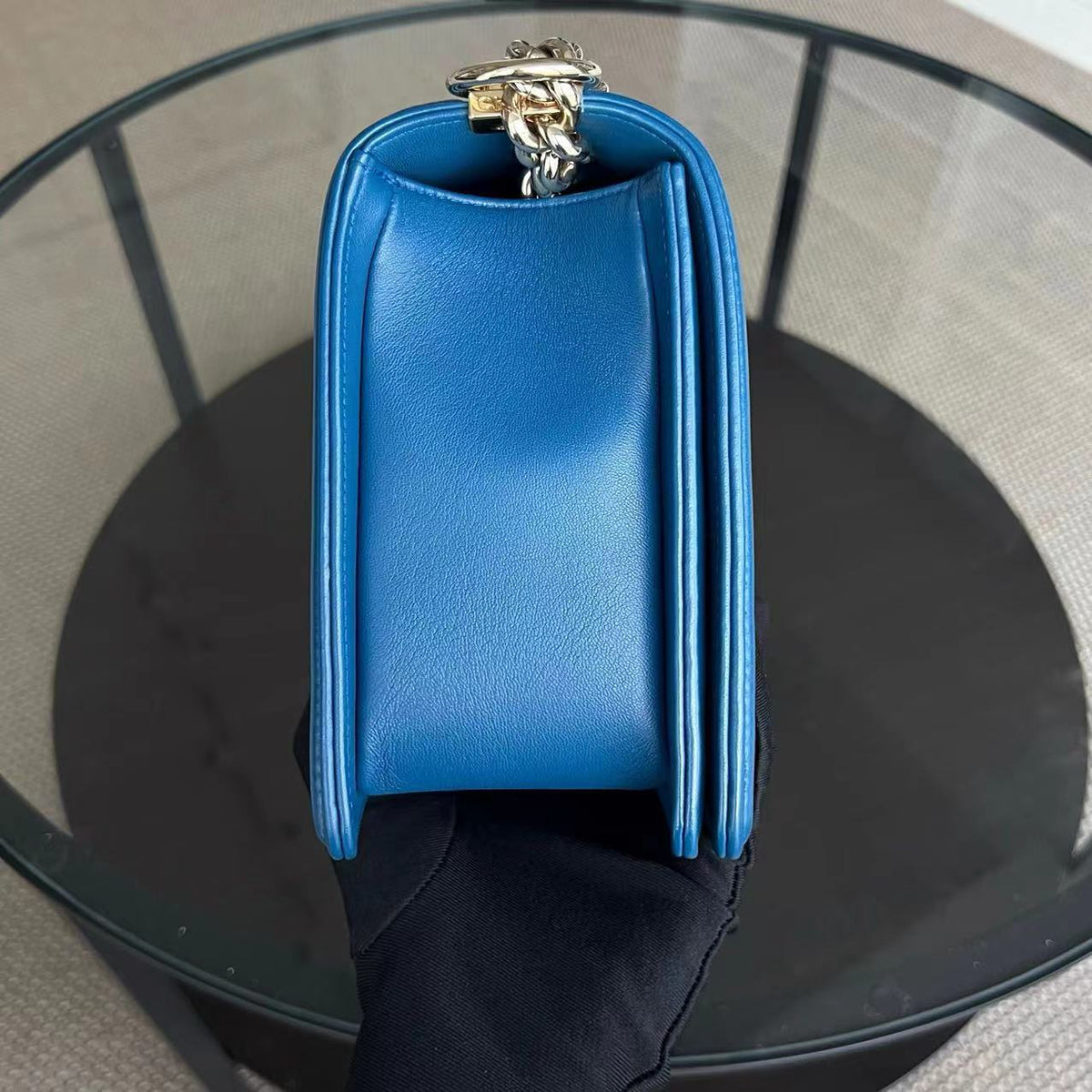 Boy New Medium 28CM Chevron Smooth Calfskin Blue Golden Hardware Series 24
