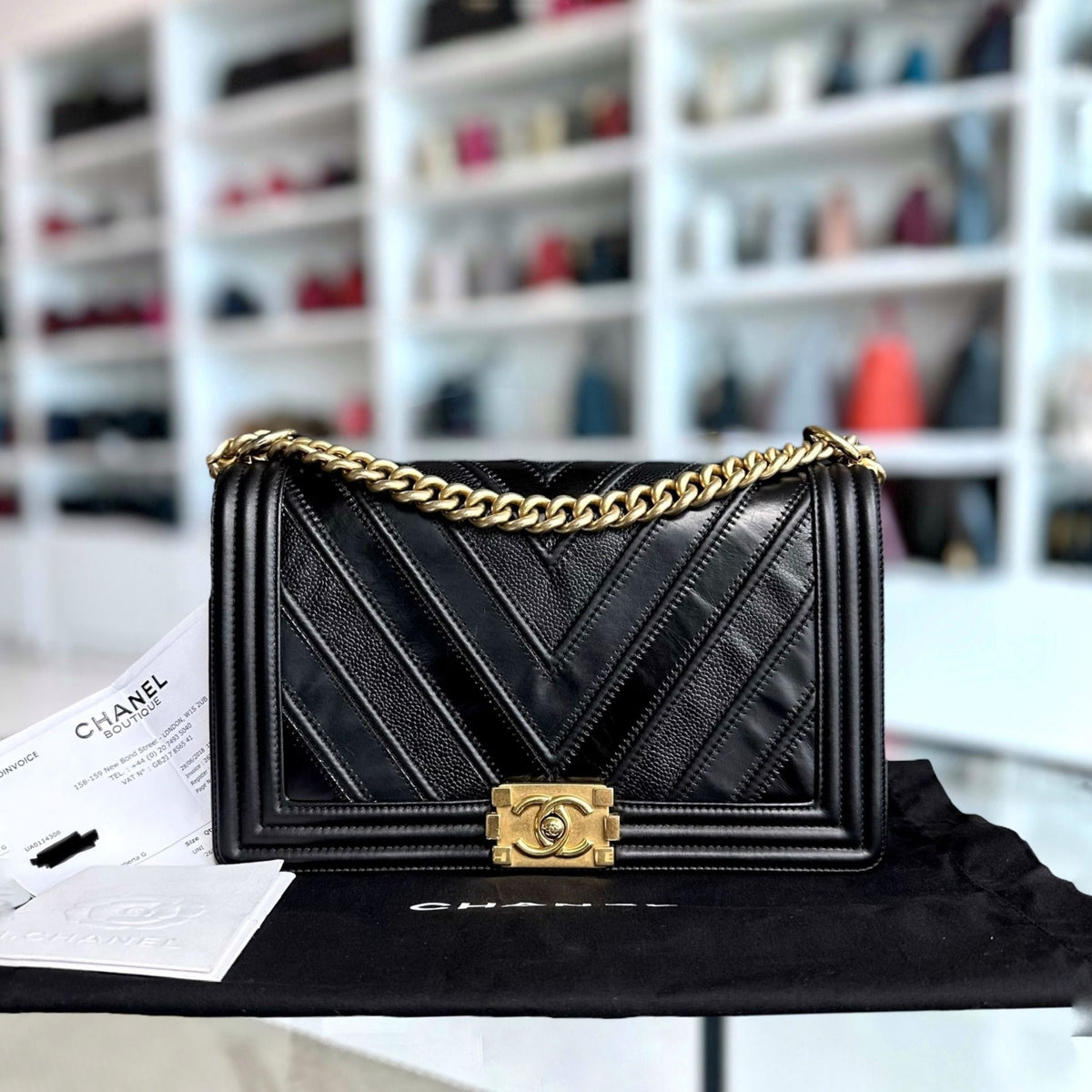 Boy New Medium 28CM Chevron Tri-skin Calfskin Black GHW No 22