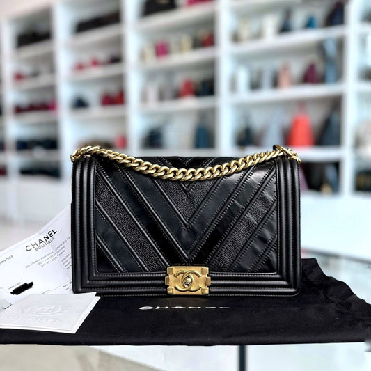 Boy New Medium 28CM Chevron Tri-skin Calfskin Black GHW No 22