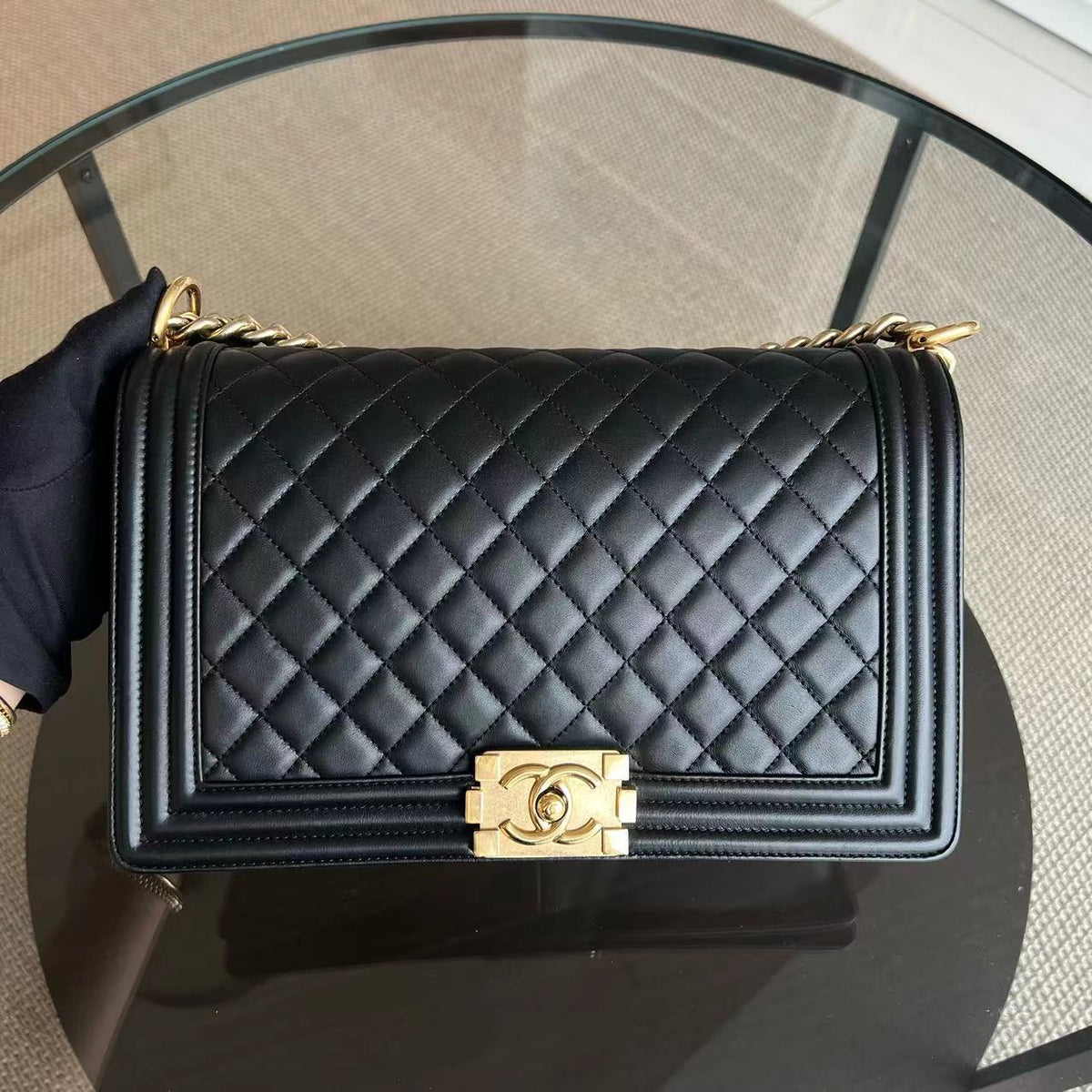 Boy New Medium 28CM Quilted Lambskin Black Leboy Golden Hardware Series 23