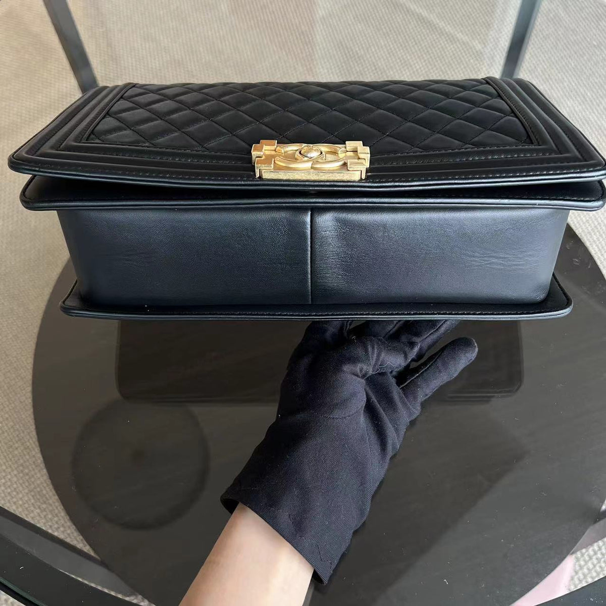 Boy New Medium 28CM Quilted Lambskin Black Leboy Golden Hardware Series 23