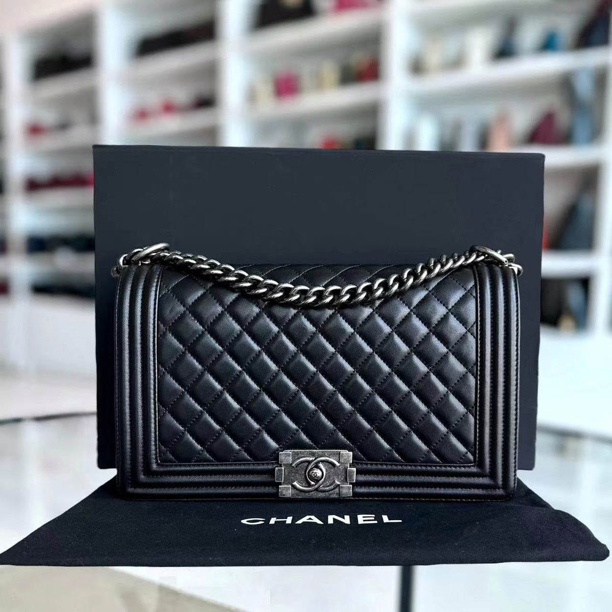 Boy New Medium 28CM Quilted Lambskin Black Silver Hardware Series 24