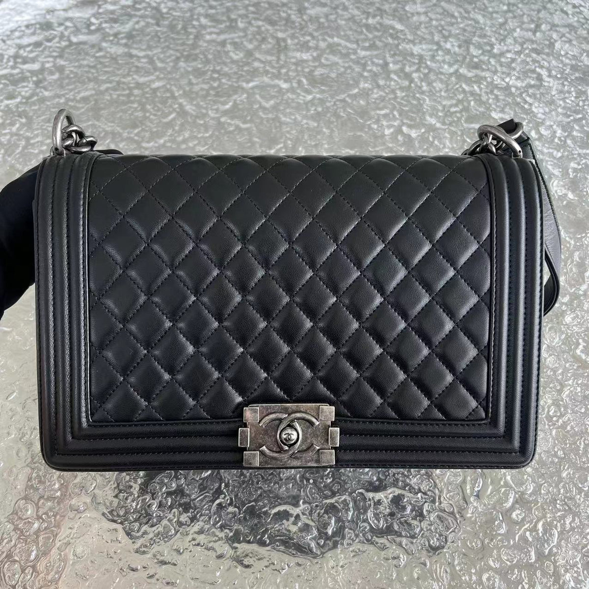 Boy New Medium 28CM Quilted Lambskin Black Silver Hardware Series 24