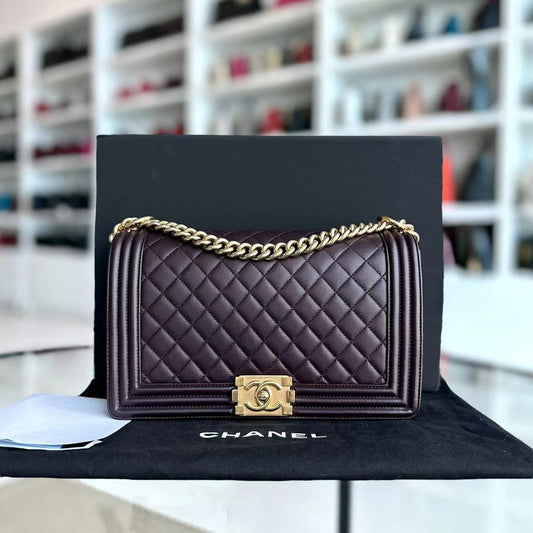 Boy New Medium 28CM Quilted Lambskin Dark Purple Burgundy Golden Hardware Series 23