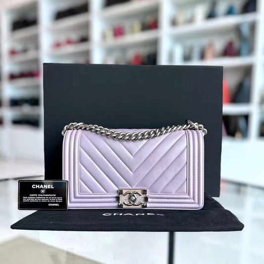 Boy Old Medium 25CM Chevron Calfskin Iridescent Pink Light Golden Hardware Series 25