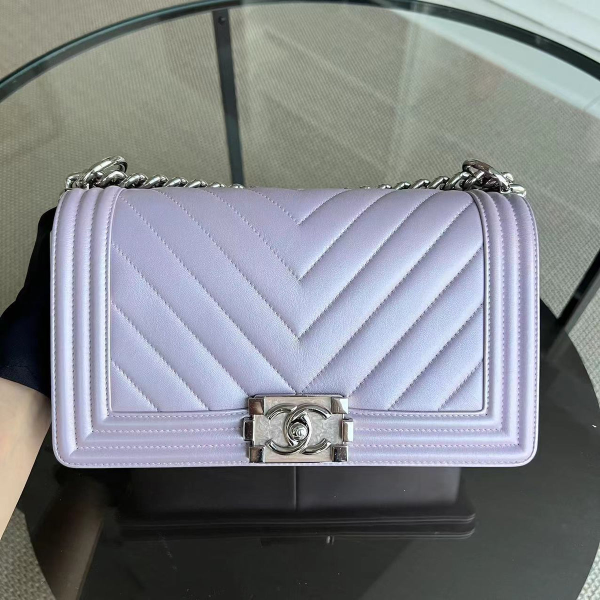 Boy Old Medium 25CM Chevron Calfskin Iridescent Pink Light Golden Hardware Series 25