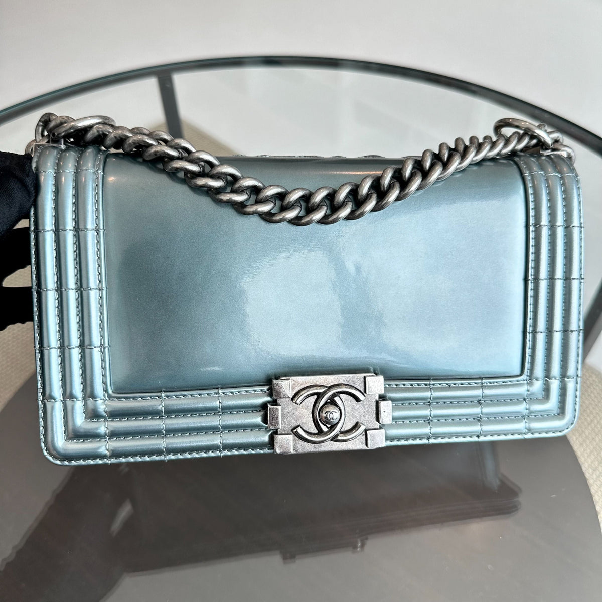 Boy Old Medium 25CM Glazed Calfskin Patent Leather Light Blue SHW No 16