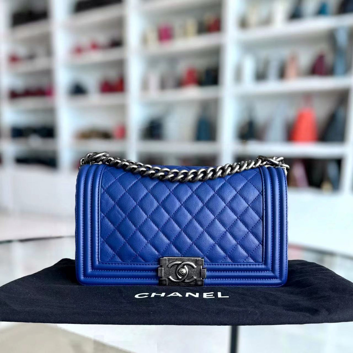 Boy Old Medium 25CM Quilted Calfskin Blue Leboy Silver Hardware Series 18