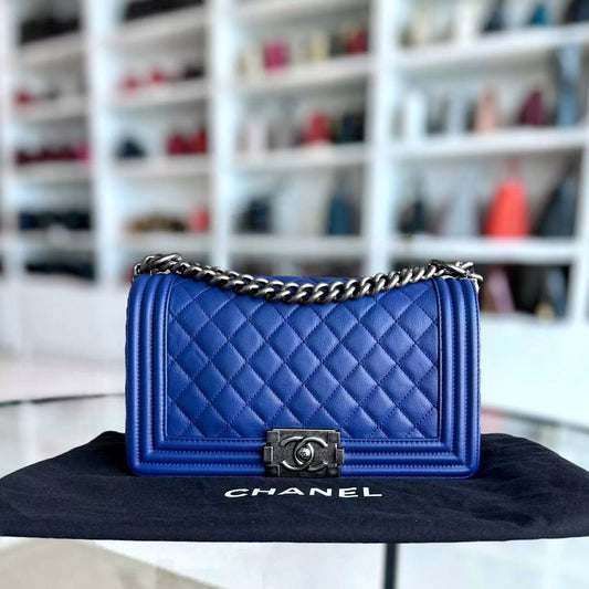 Boy Old Medium 25CM Quilted Calfskin Blue Leboy Silver Hardware Series 18