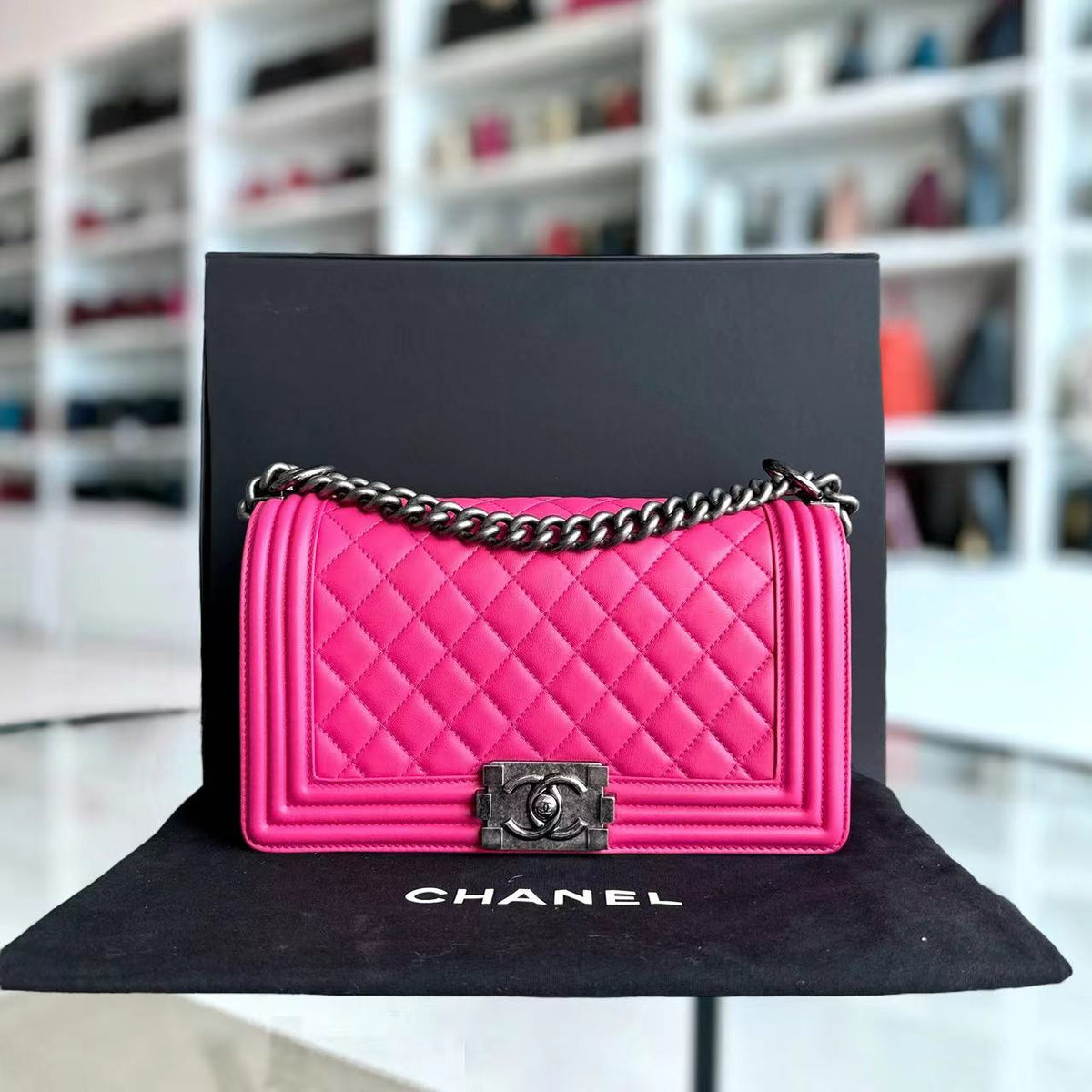 Boy Old Medium 25CM Quilted Lambskin Hot Pink Leboy Silver Hardware Series 19