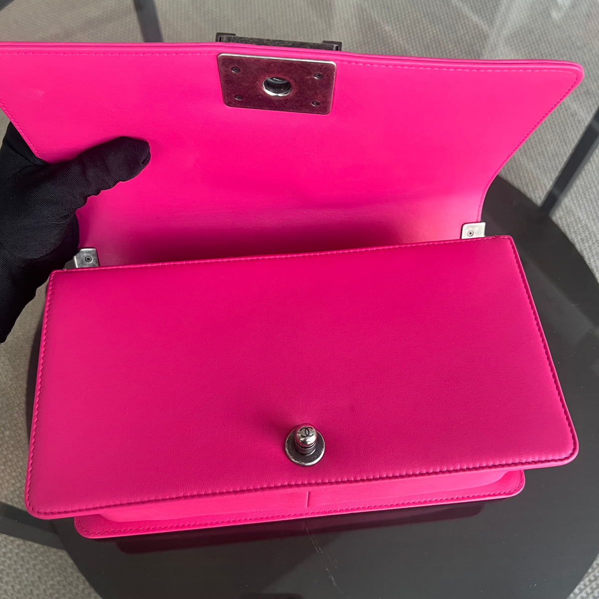 Boy OldMedium 25CM QuiltedLambskin Hot Pink Leboy Silver Hardware Series 19
